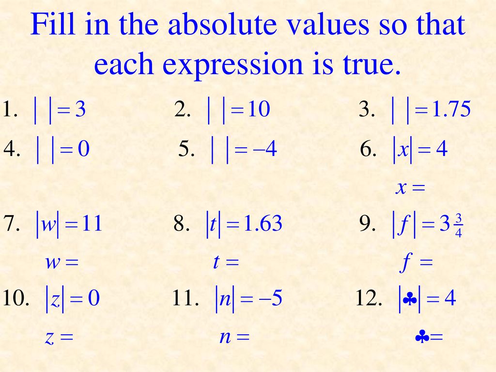 Fill in the absolute values so that each expression is true.