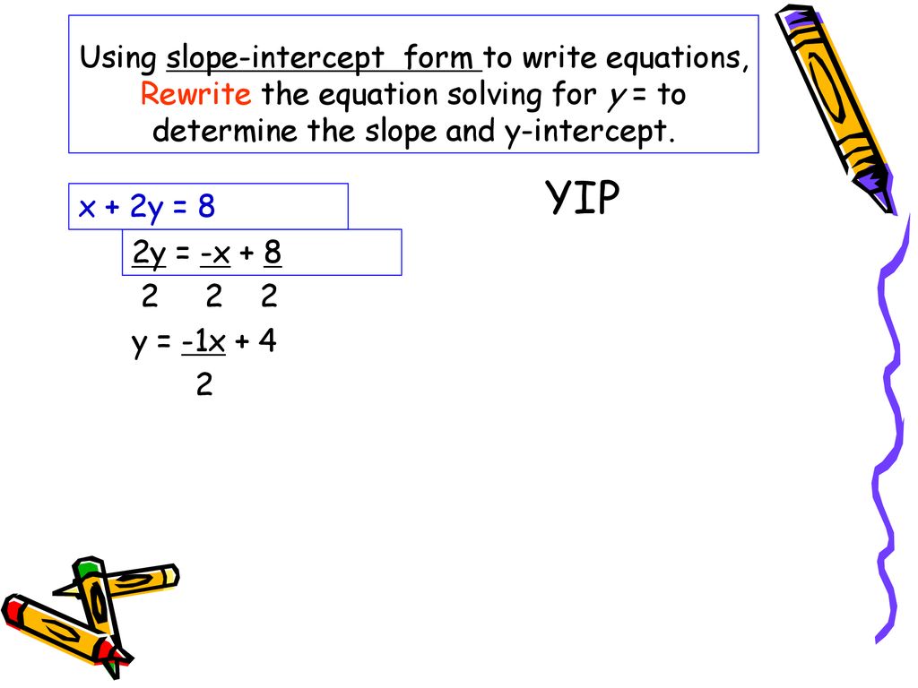 Using slope-intercept form to write equations, Rewrite the equation solving for y = to determine the slope and y-intercept.