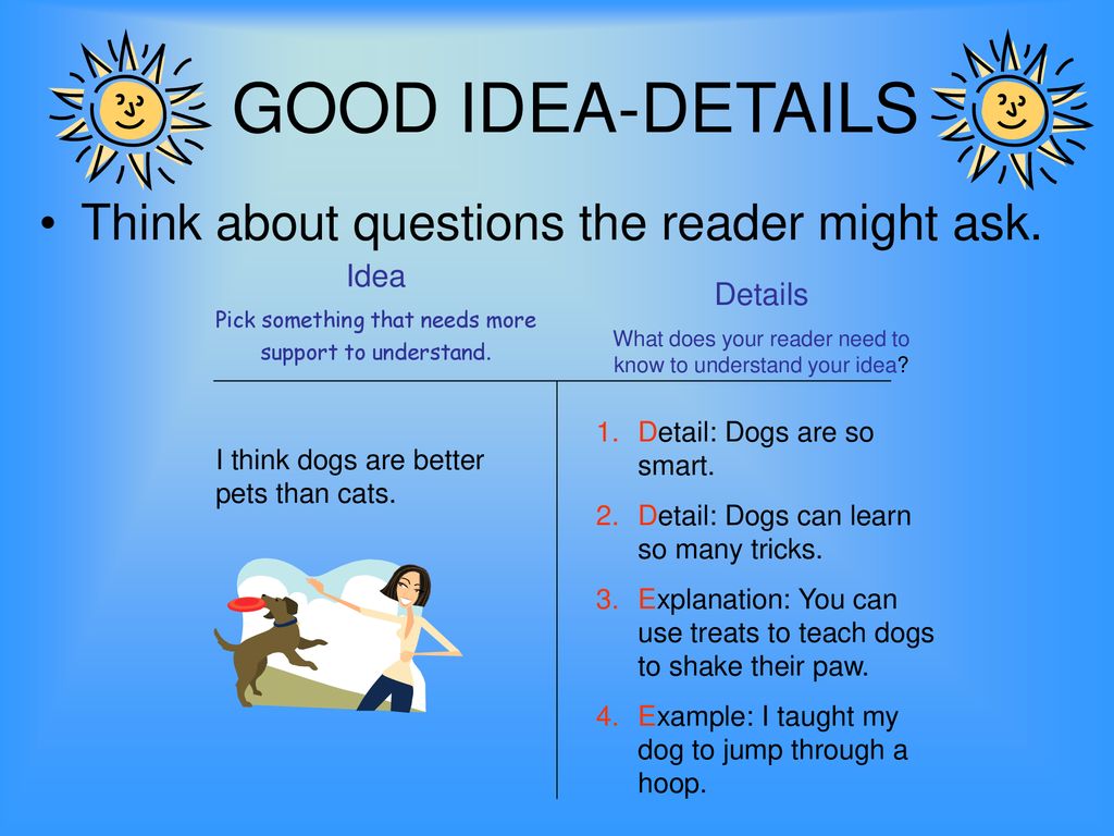 GOOD IDEA-DETAILS Think about questions the reader might ask. Idea