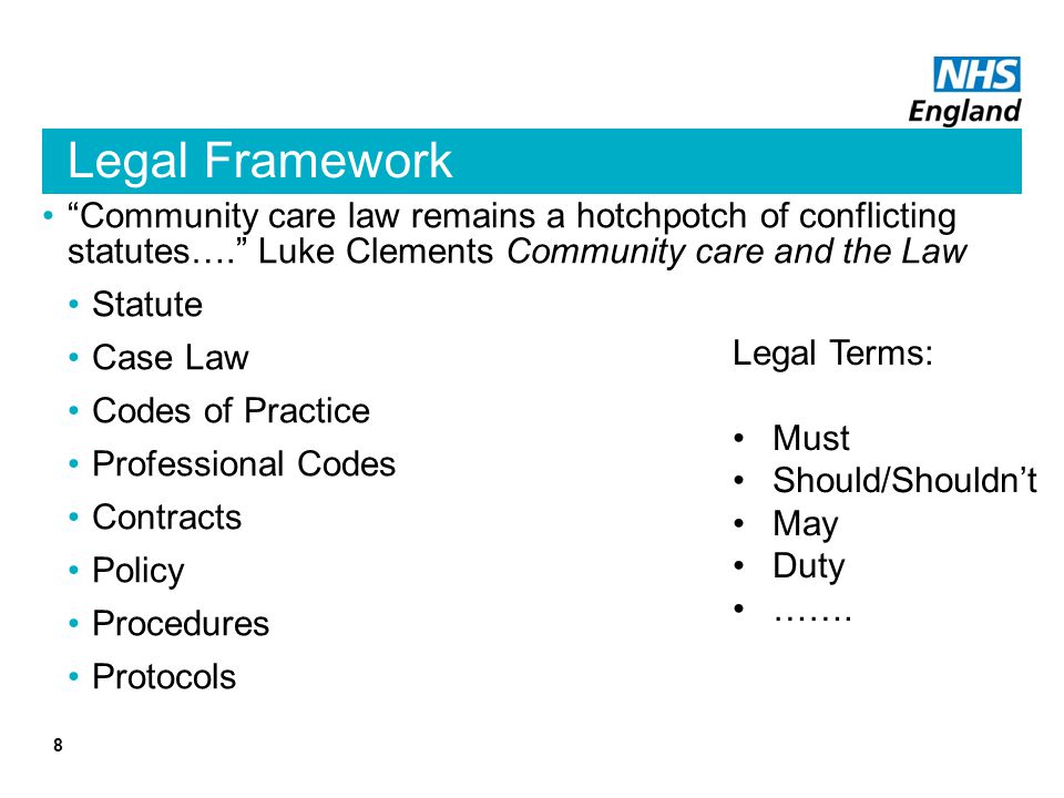 Legal Framework Community care law remains a hotchpotch of conflicting statutes…. Luke Clements Community care and the Law.