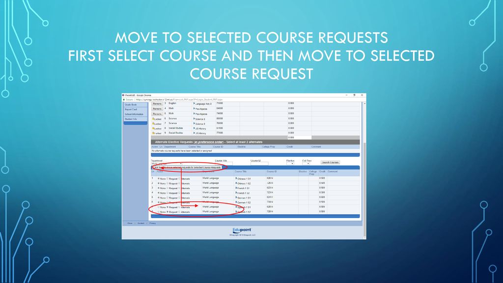 Move to selected course requests First select course and then move to selected course request
