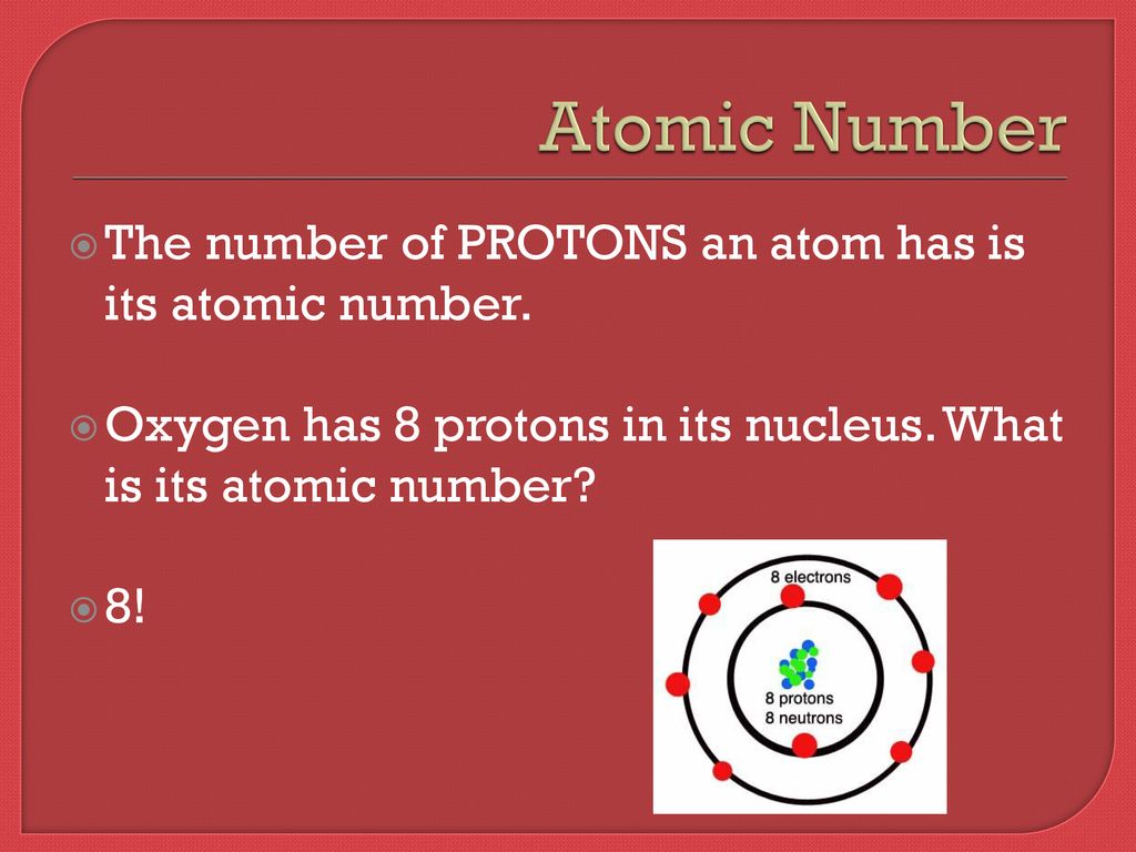 Atomic Number The number of PROTONS an atom has is its atomic number.