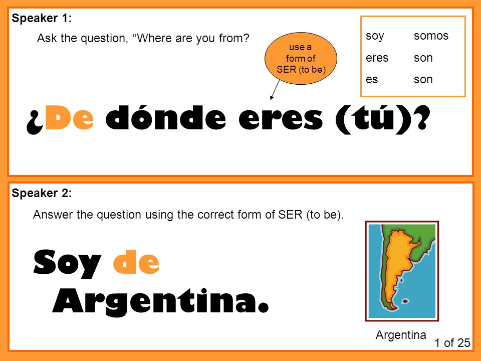 ¿De dónde eres (tú) Soy de Argentina. Speaker 1: