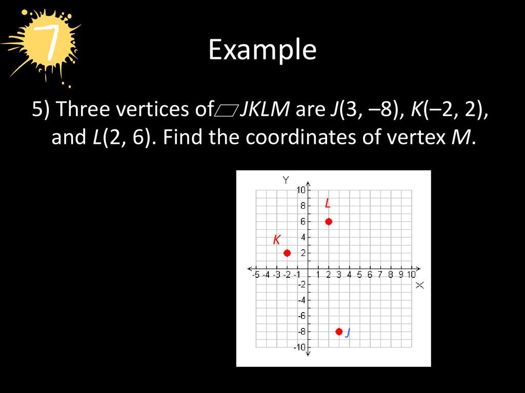 Example 5) Three vertices of JKLM are J(3, –8), K(–2, 2), and L(2, 6). Find the coordinates of vertex M.