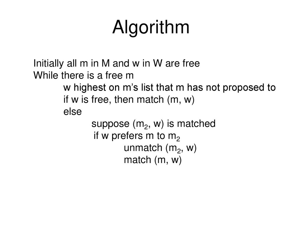 Algorithm Initially all m in M and w in W are free