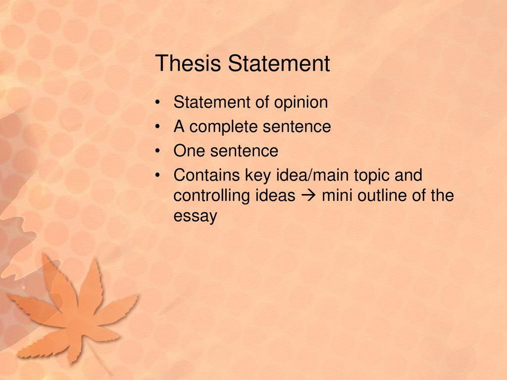 Thesis Statement Statement of opinion A complete sentence One sentence