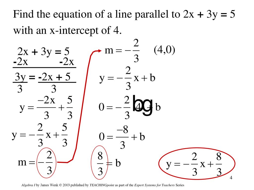 Find the equation of a line parallel to 2x + 3y = 5
