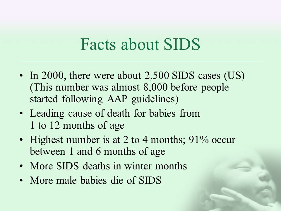 Facts about SIDS In 2000, there were about 2,500 SIDS cases (US) (This number was almost 8,000 before people started following AAP guidelines)
