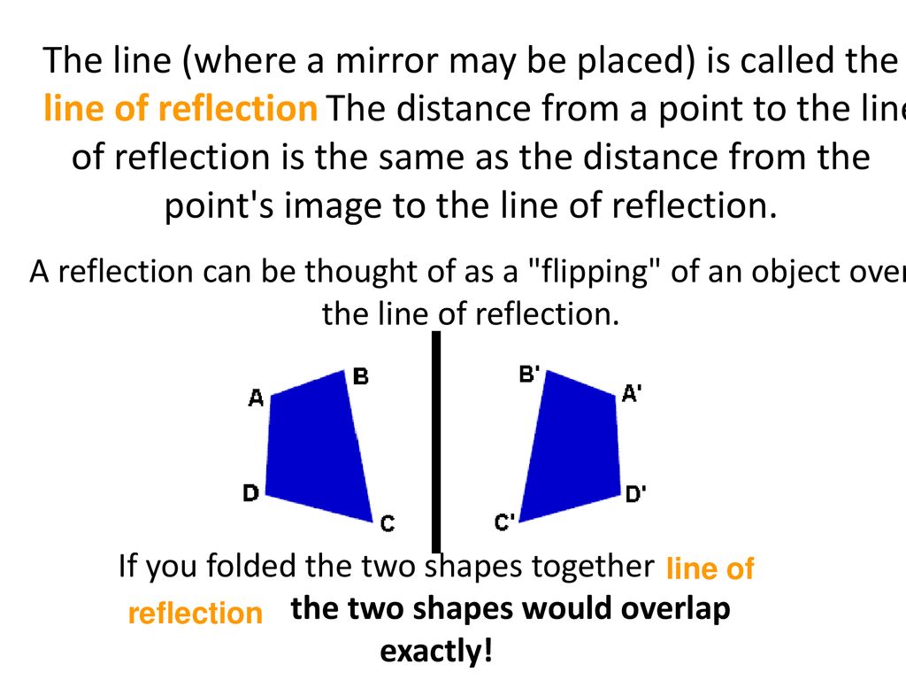 The line (where a mirror may be placed) is called the line of reflection. The distance from a point to the line of reflection is the same as the distance from the point s image to the line of reflection.