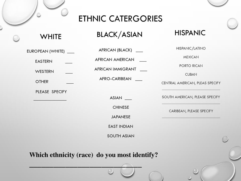 ETHNIC CATERGORIES Hispanic Black/Asian White