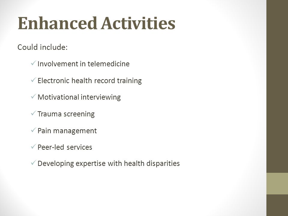 Enhanced Activities Could include: Involvement in telemedicine