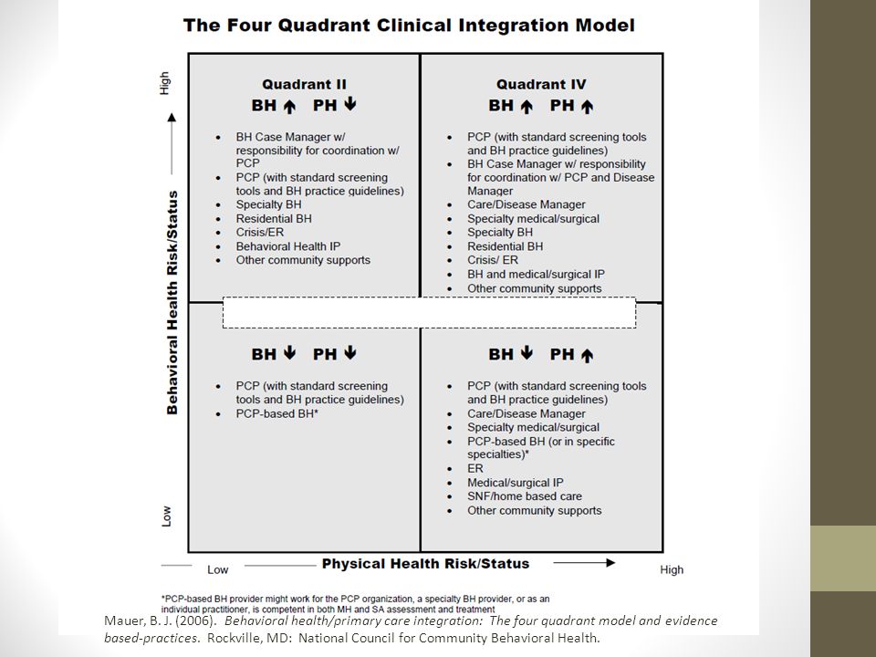 Mauer, B. J. (2006). Behavioral health/primary care integration: The four quadrant model and evidence