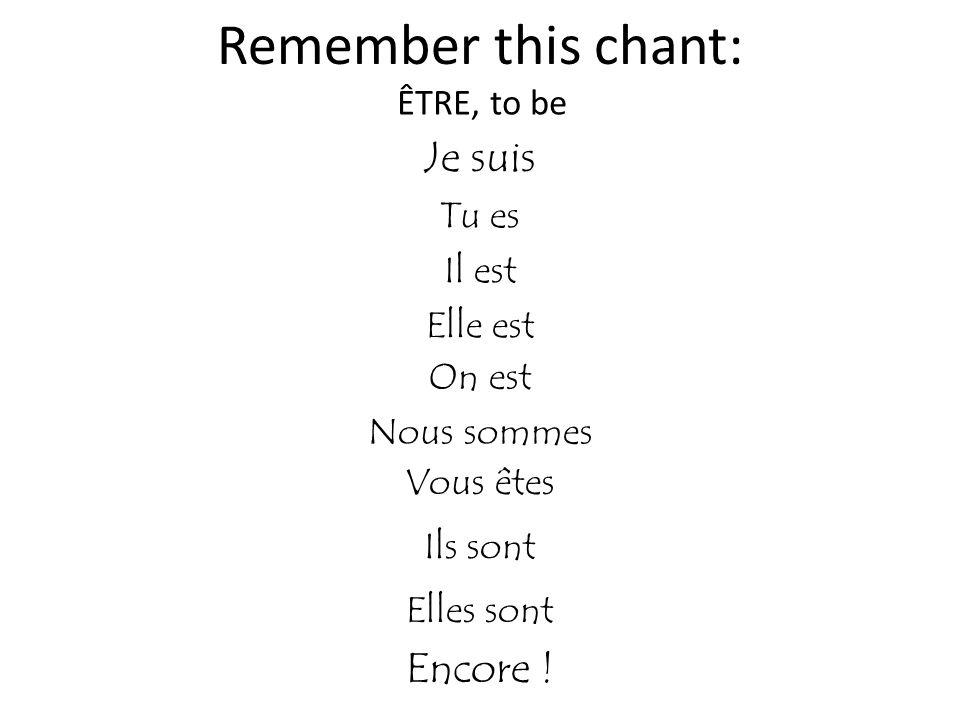 Remember this chant: Je suis Encore ! ÊTRE, to be Tu es Il est