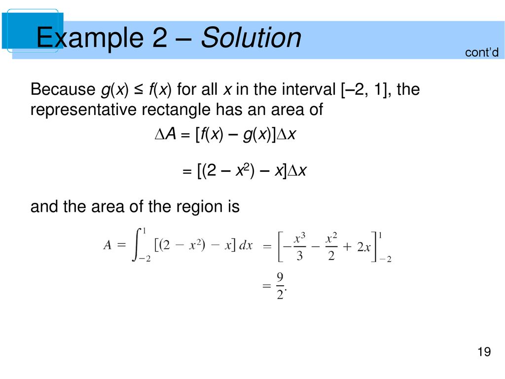 Example 2 – Solution cont’d. Because g(x) ≤ f(x) for all x in the interval [–2, 1], the representative rectangle has an area of.
