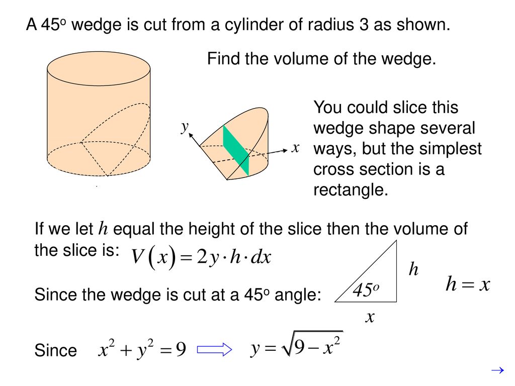 h 45o x A 45o wedge is cut from a cylinder of radius 3 as shown.