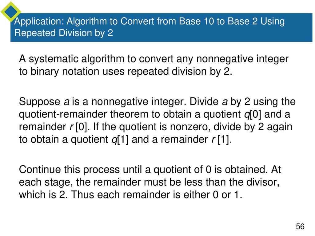 Application: Algorithm to Convert from Base 10 to Base 2 Using Repeated Division by 2