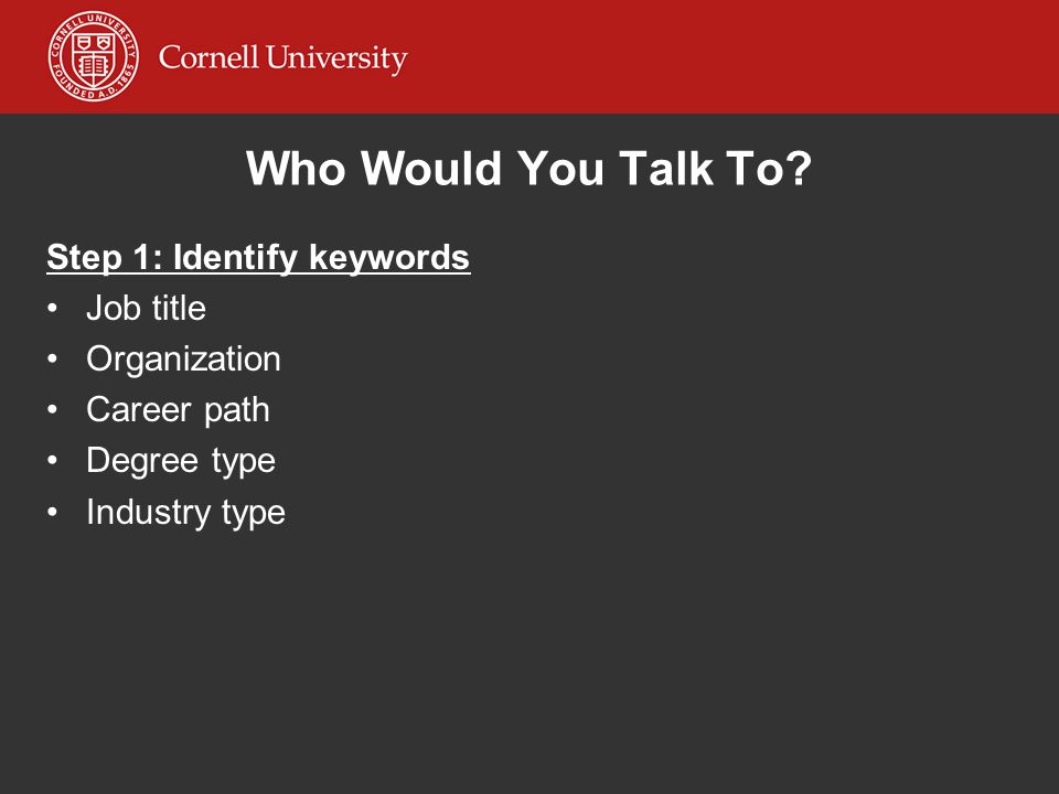 Who Would You Talk To Step 1: Identify keywords Job title