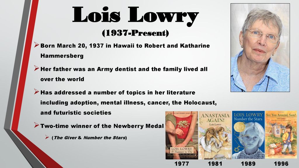 Lois Lowry (1937-Present) Born March 20, 1937 in Hawaii to Robert and Katharine Hammersberg.