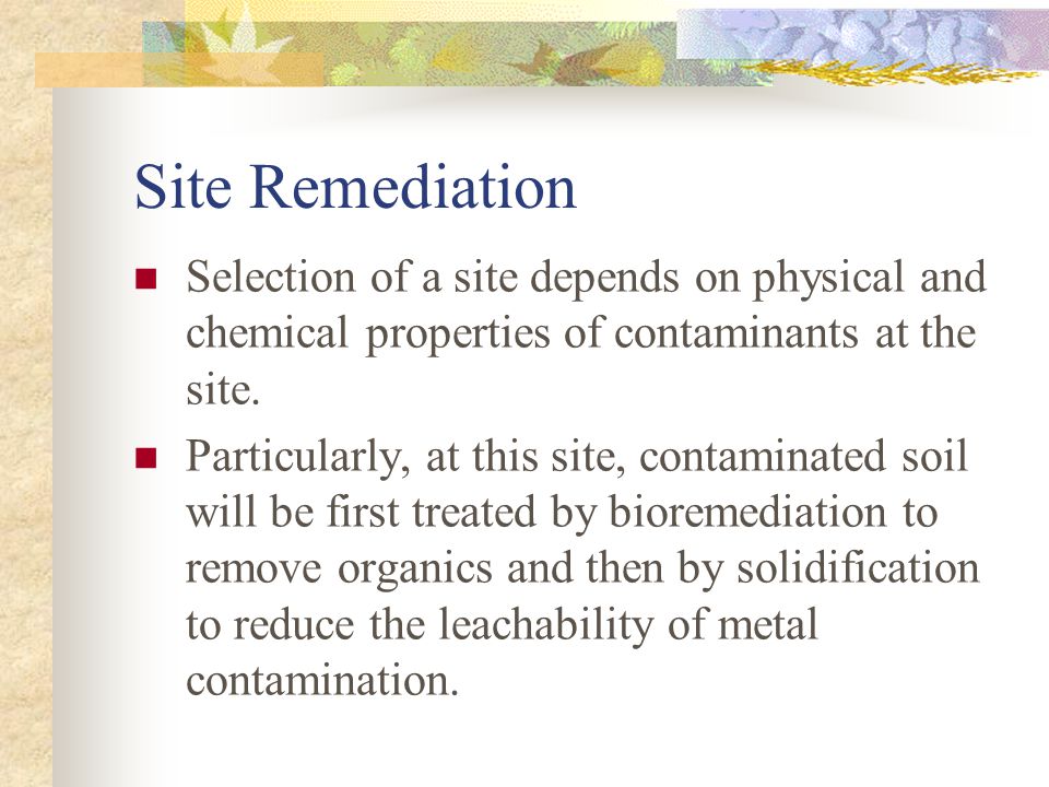 Site Remediation Selection of a site depends on physical and chemical properties of contaminants at the site.