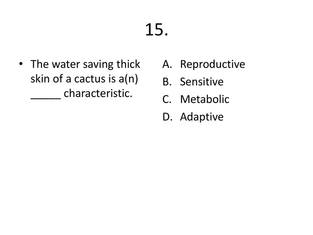 15. The water saving thick skin of a cactus is a(n) _____ characteristic. Reproductive. Sensitive.