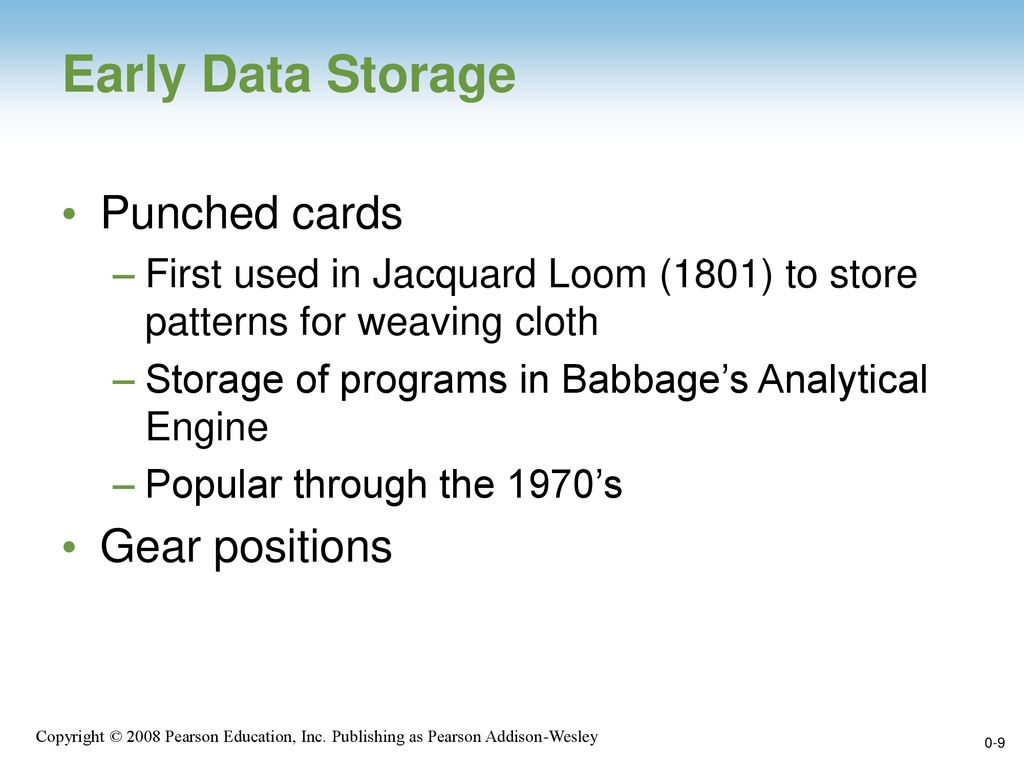 Early Data Storage Punched cards Gear positions