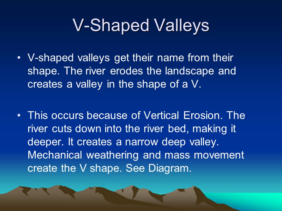 V-Shaped Valleys V-shaped valleys get their name from their shape. The river erodes the landscape and creates a valley in the shape of a V.
