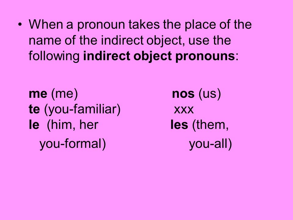 When a pronoun takes the place of the name of the indirect object, use the following indirect object pronouns: