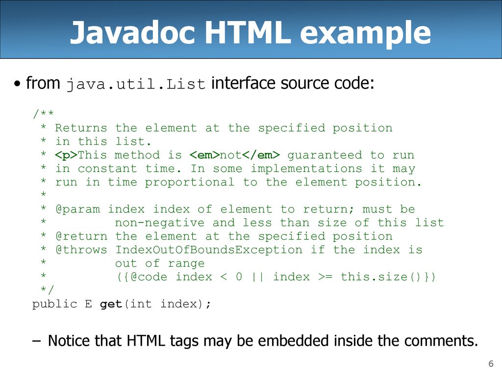 Javadoc HTML example from java.util.List interface source code: