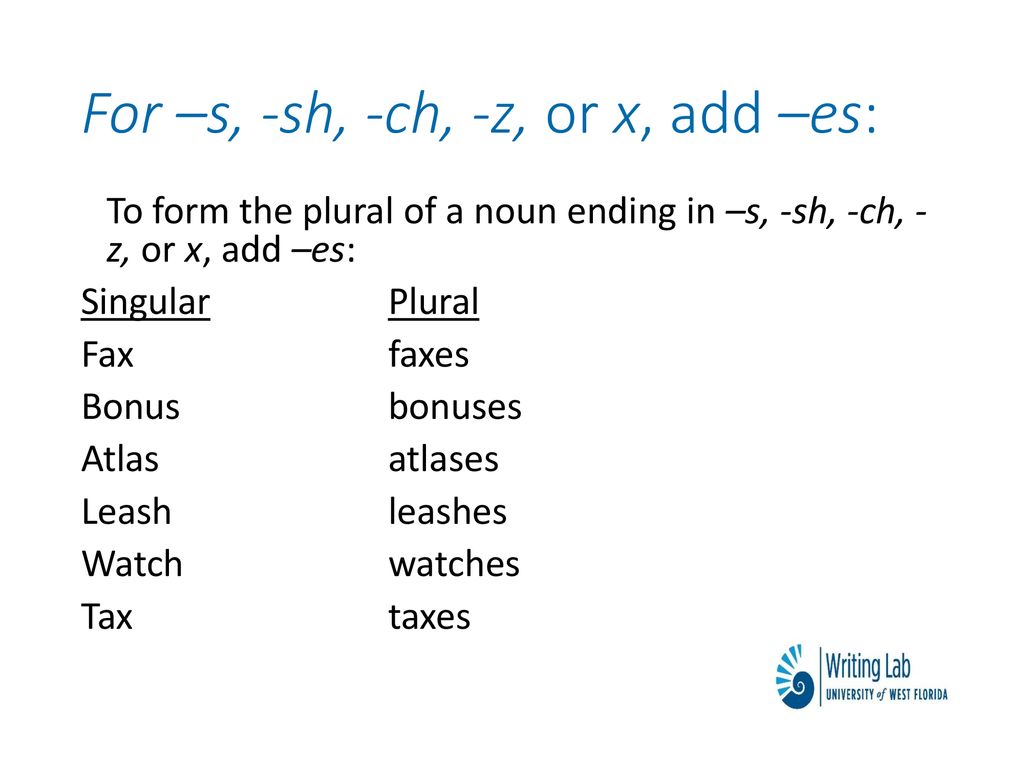 For –s, -sh, -ch, -z, or x, add –es: