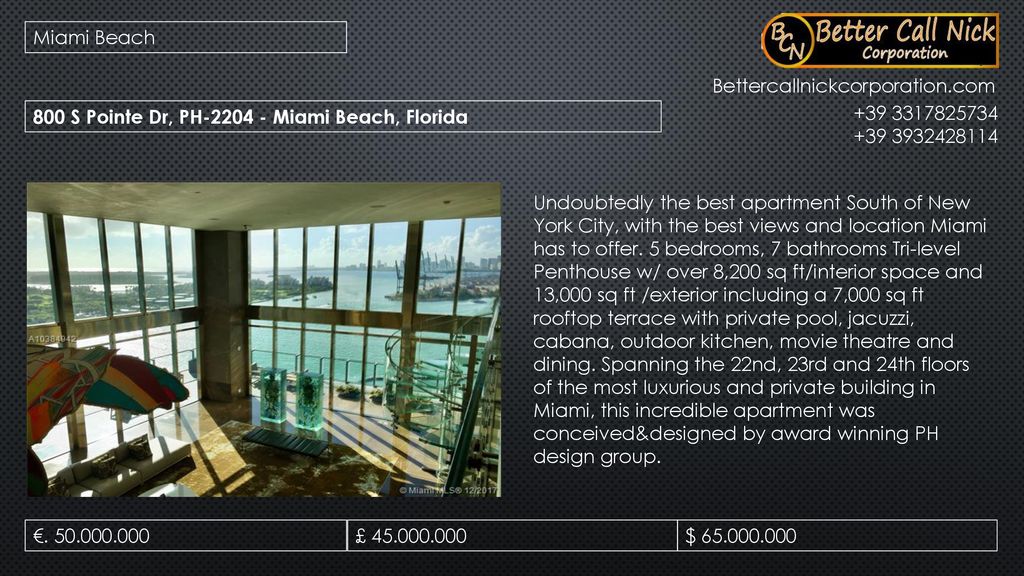 Miami Beach Bettercallnickcorporation.com. 800 S Pointe Dr, PH Miami Beach, Florida