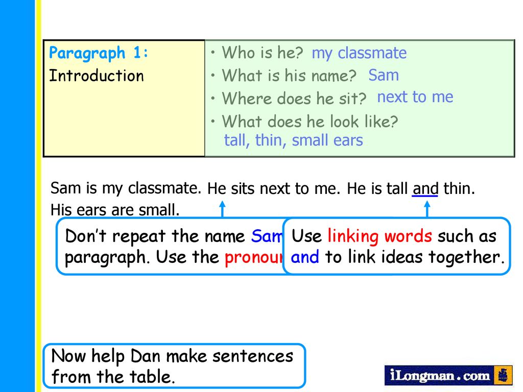 Don’t repeat the name Sam in the same paragraph. Use the pronoun He.