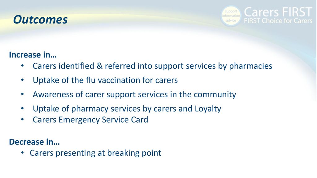Outcomes Increase in… Carers identified & referred into support services by pharmacies. Uptake of the flu vaccination for carers.