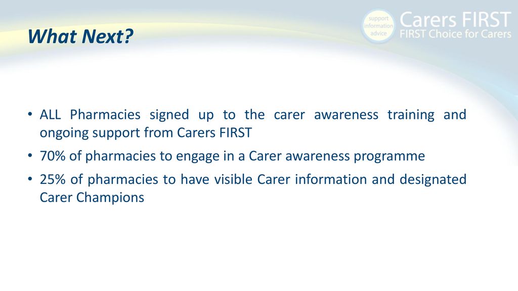 What Next ALL Pharmacies signed up to the carer awareness training and ongoing support from Carers FIRST.
