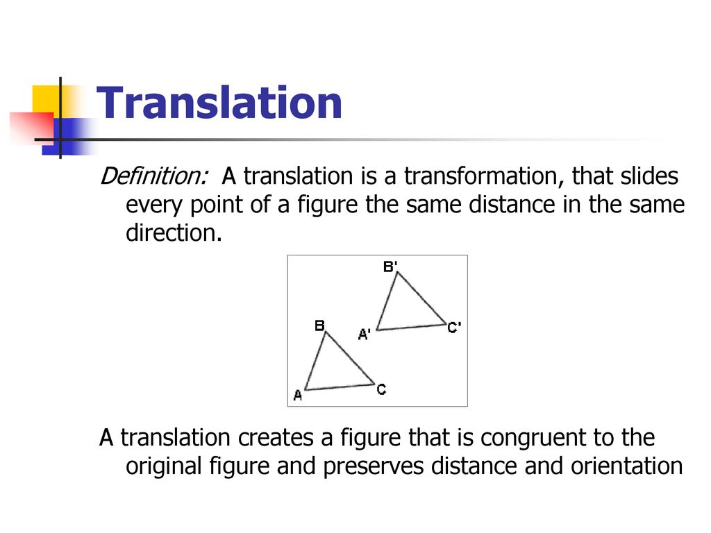 Translation Definition: A translation is a transformation, that slides every point of a figure the same distance in the same direction.