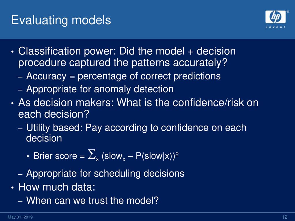 Evaluating models Classification power: Did the model + decision procedure captured the patterns accurately