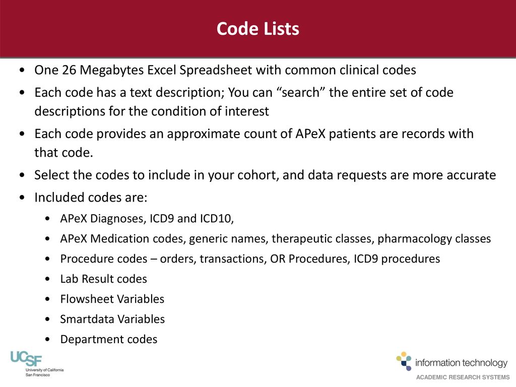 Code Lists One 26 Megabytes Excel Spreadsheet with common clinical codes.