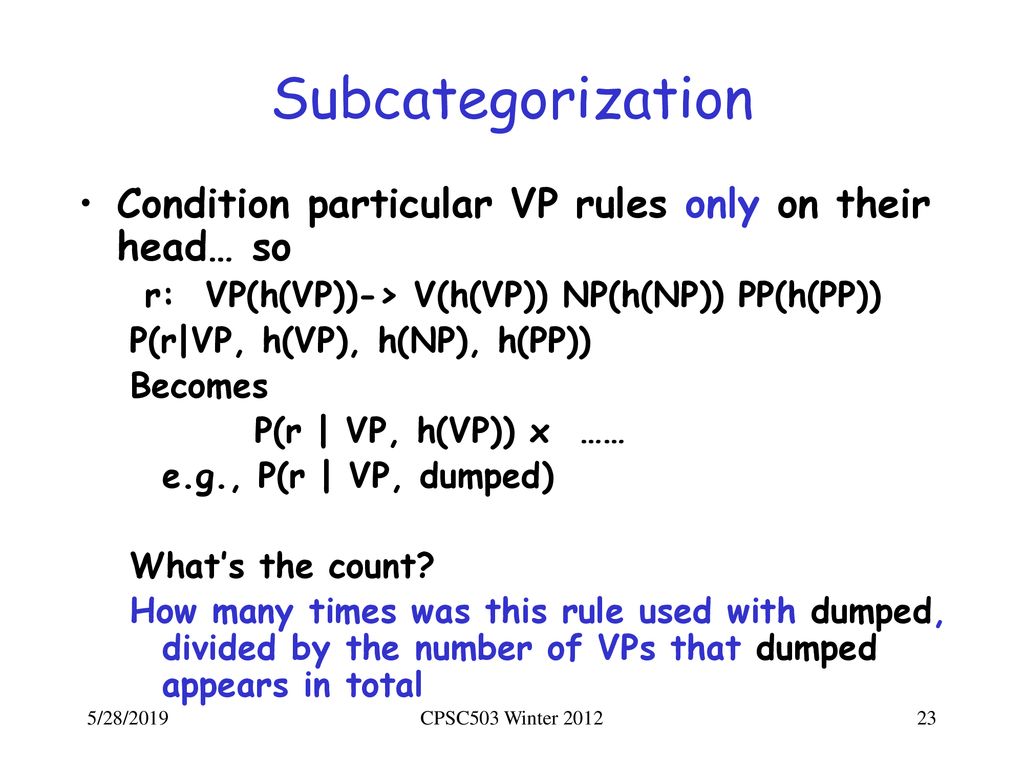 Subcategorization Condition particular VP rules only on their head… so