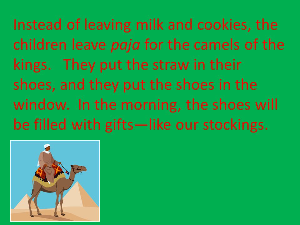Instead of leaving milk and cookies, the children leave paja for the camels of the kings.
