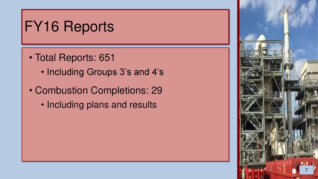 FY16 Reports Total Reports: 651 Combustion Completions: 29