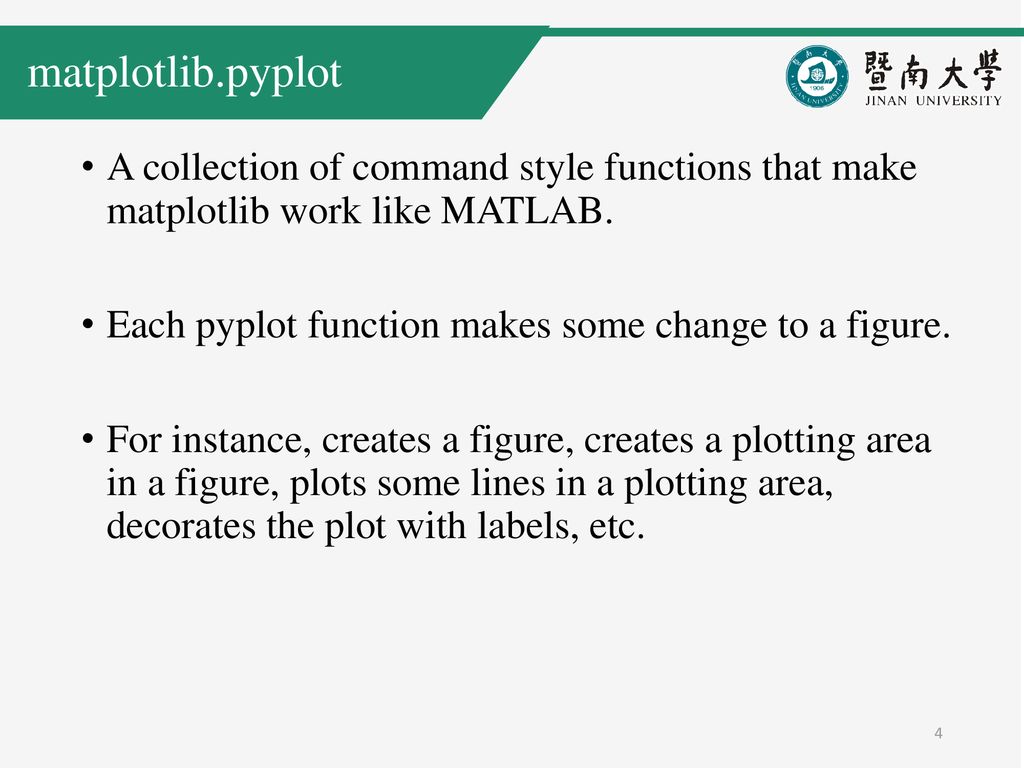 matplotlib.pyplot A collection of command style functions that make matplotlib work like MATLAB.