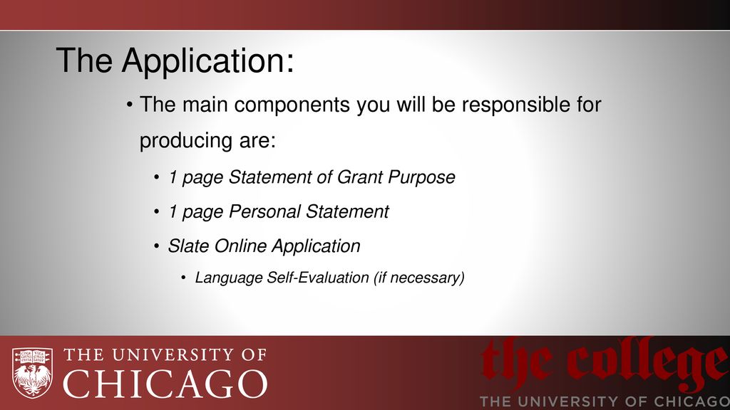 The Application: The main components you will be responsible for producing are: 1 page Statement of Grant Purpose.