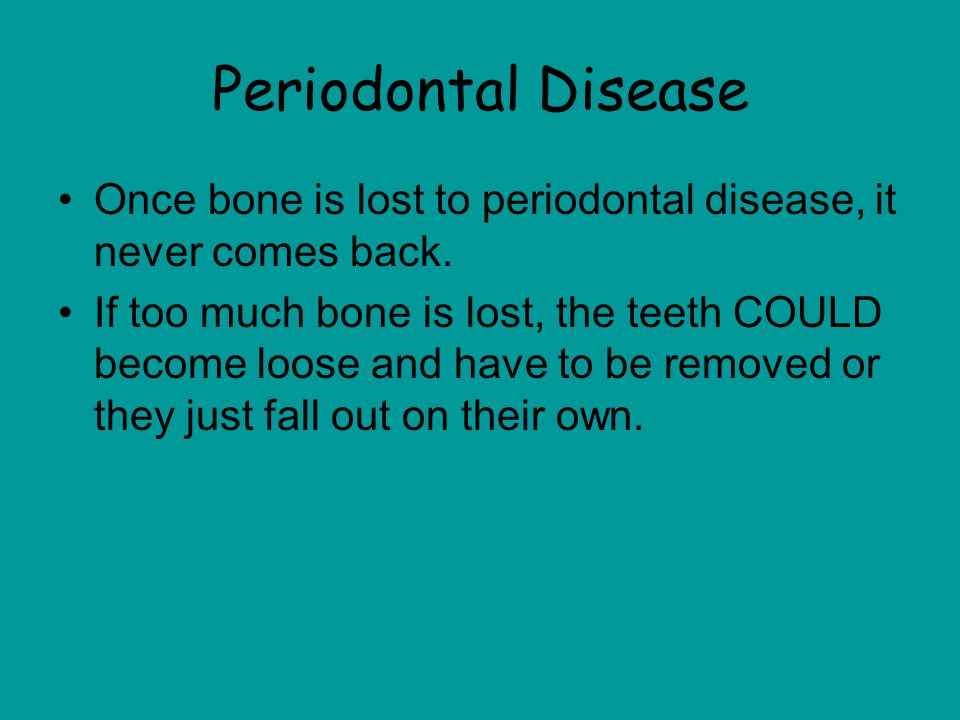 Periodontal Disease Once bone is lost to periodontal disease, it never comes back.