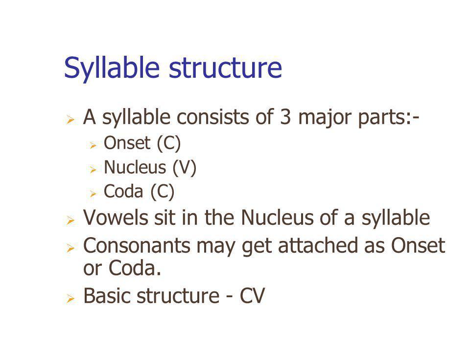 Syllable structure A syllable consists of 3 major parts:-
