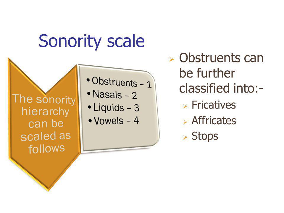 Sonority scale Obstruents can be further classified into:- Fricatives