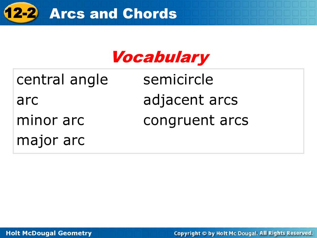 Vocabulary central angle semicircle arc adjacent arcs