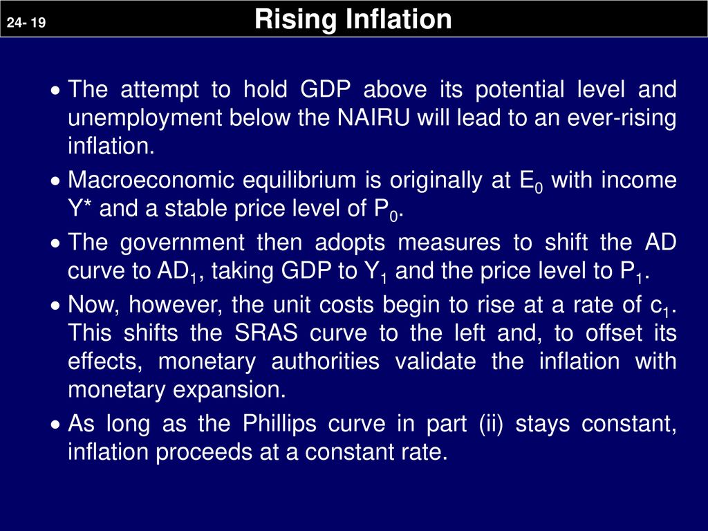 Rising Inflation The attempt to hold GDP above its potential level and unemployment below the NAIRU will lead to an ever-rising inflation.