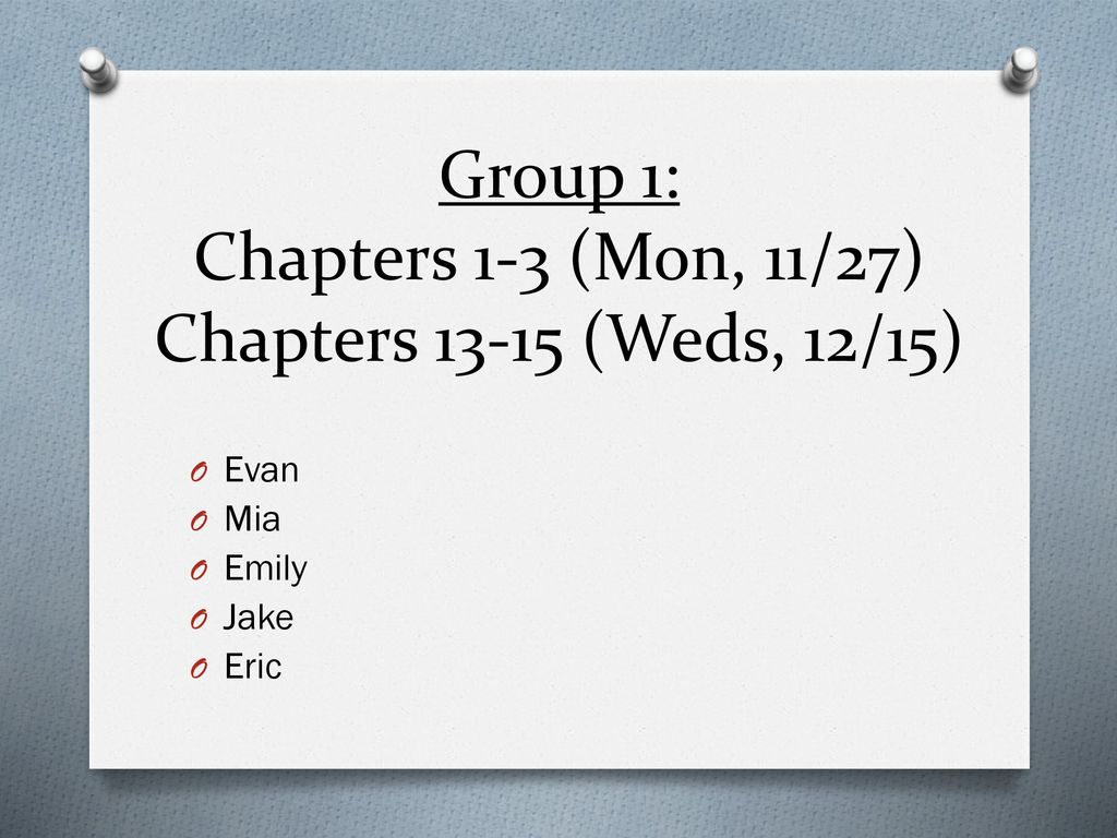 Group 1: Chapters 1-3 (Mon, 11/27) Chapters (Weds, 12/15)