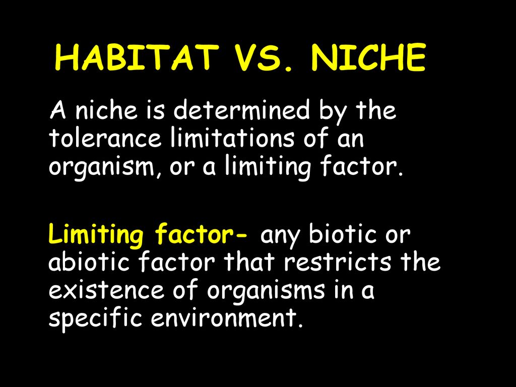 HABITAT VS. NICHE A niche is determined by the tolerance limitations of an organism, or a limiting factor.