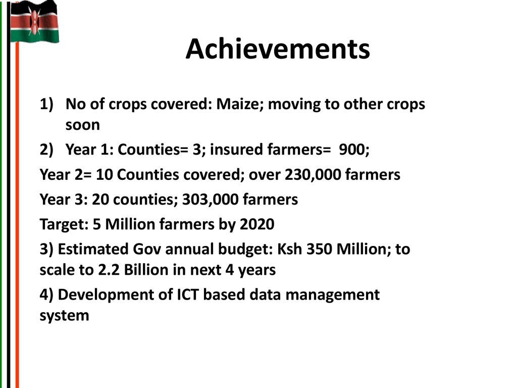 Achievements No of crops covered: Maize; moving to other crops soon