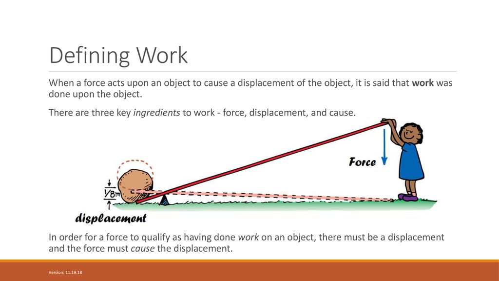 Defining Work When a force acts upon an object to cause a displacement of the object, it is said that work was done upon the object.